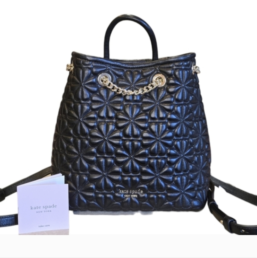 Kate Spade New York Black Quilted Leather Bloom Chain Strap Backpack